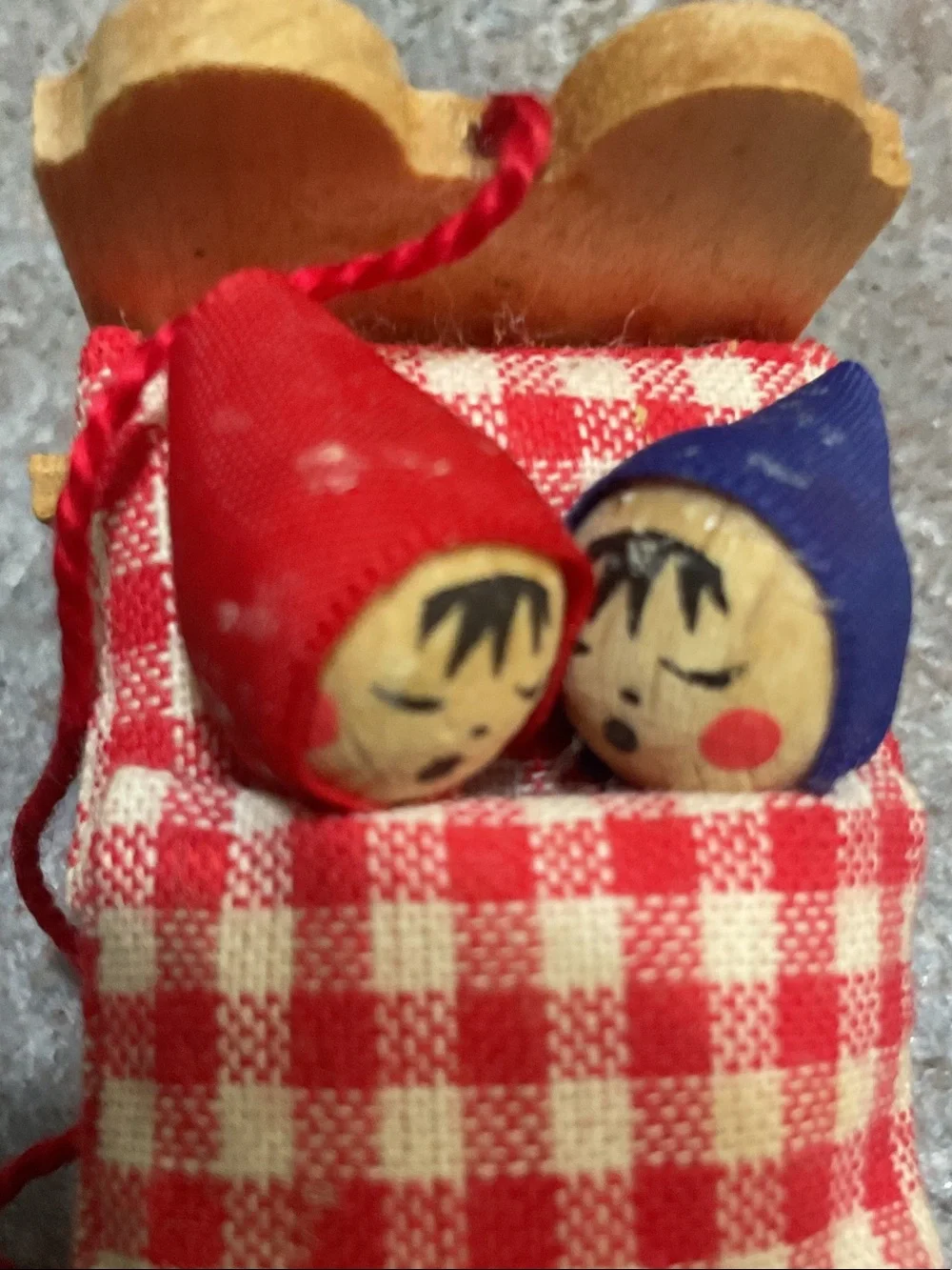 Wooden Holiday Cradle Ornament with Red Gingham Bedding made in Germany